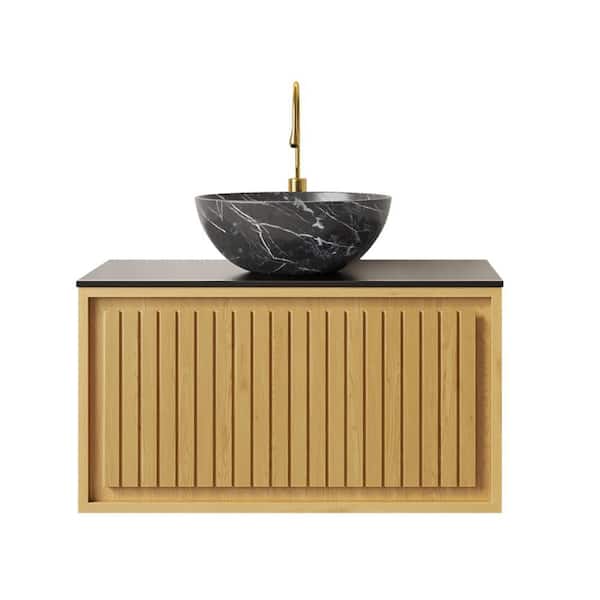 Baye 29.92 in. W Floating Oak Bath Vanity with Black Ceramic Sink and Sintered Stone Top