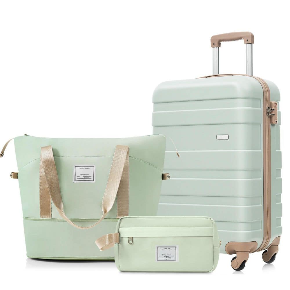 3-Piece Gray Green ABS Plastic Hardshell Spinner 20 Luggage Set with Travel Duffel Bag, Toiletry Bag, TSA Lock