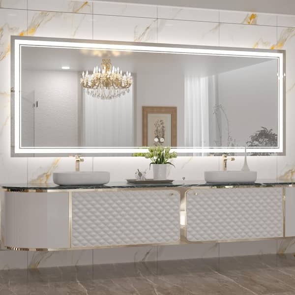 KeonJinn 85 in. W x 32 in. H Rectangular Frameless Anti-Fog LED Wall Mount Bathroom Vanity Mirror 3 Colors Dimmable Bright Light