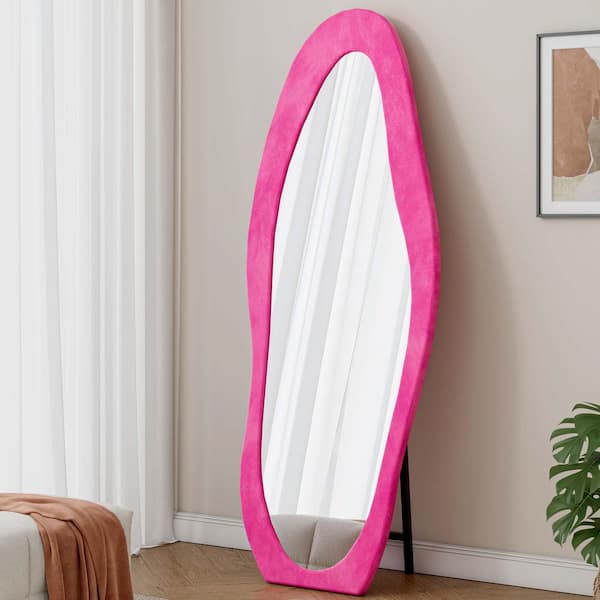 Pink 24 in. W x 63 in. H Full Length Mirror Irregular Wavy Mirror Halling Large Wall Mirror Full Body Mirror