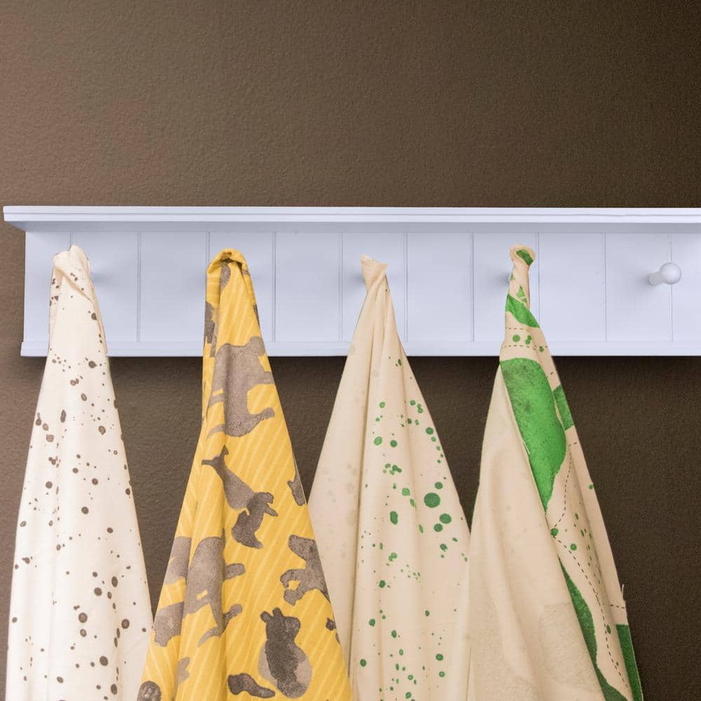 White Wooden Wall Mount Coat Rack with Shelf and 5 Hooks