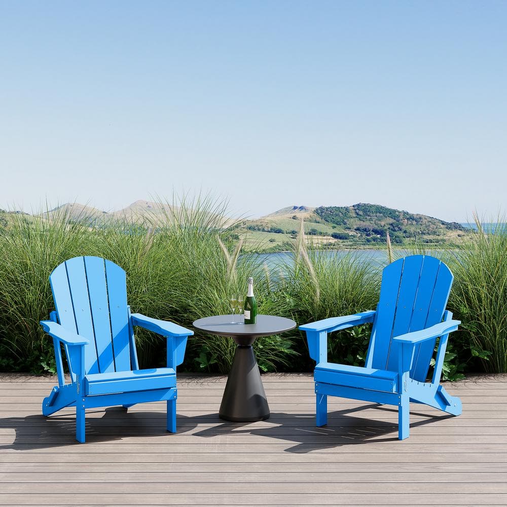 Pacific Blue Folding Poly Adirondack Chair Set with Square Arms