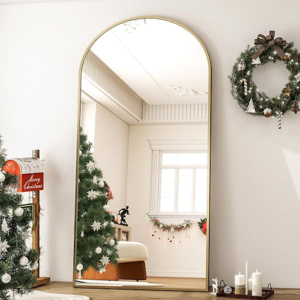 XRAMFY 34 in. W x 76 in. H Arched Classic Gold Aluminum Alloy Framed Full Length Mirror Standing Floor Mirror