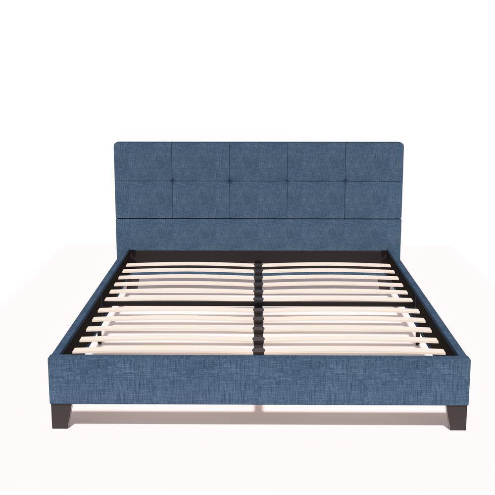 66.92 in. W Dark Blue Queen Upholstered Linen Iron Frame Platform Bed with Tufted Square Stitched Fabric Headboard