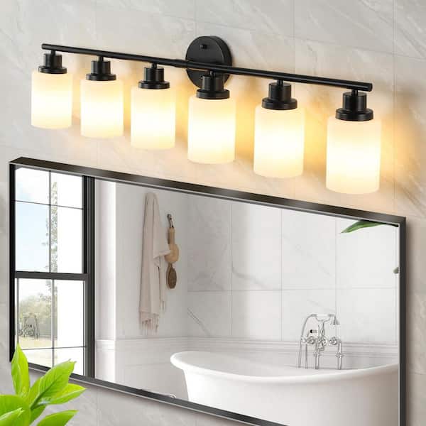 38.6 in. 6-Light Vanity Bathroom Mirror Light, Frosted White Glass with Black Iron Frame (No Bulbs)