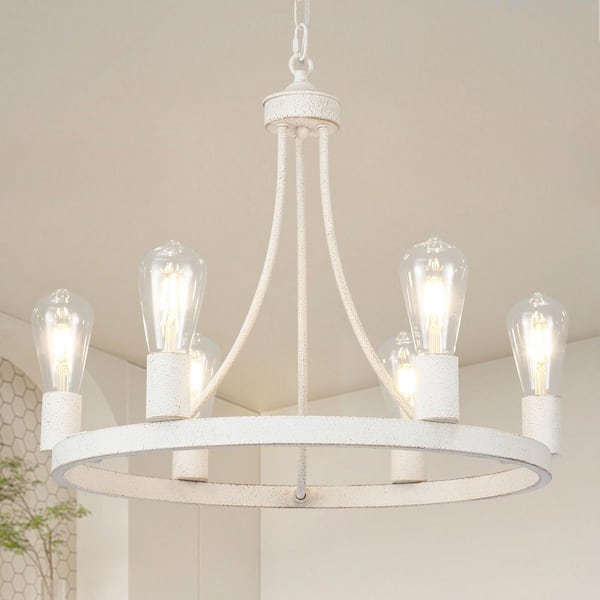 6-Light Farmhouse White Candlestick Circle Wagon Wheel Linear Chandelier Lighting for Kitchen Island