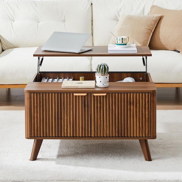 31.49 in. Walnut MDF Rectangle Coffee Table with Flip Top Desktop and Storage