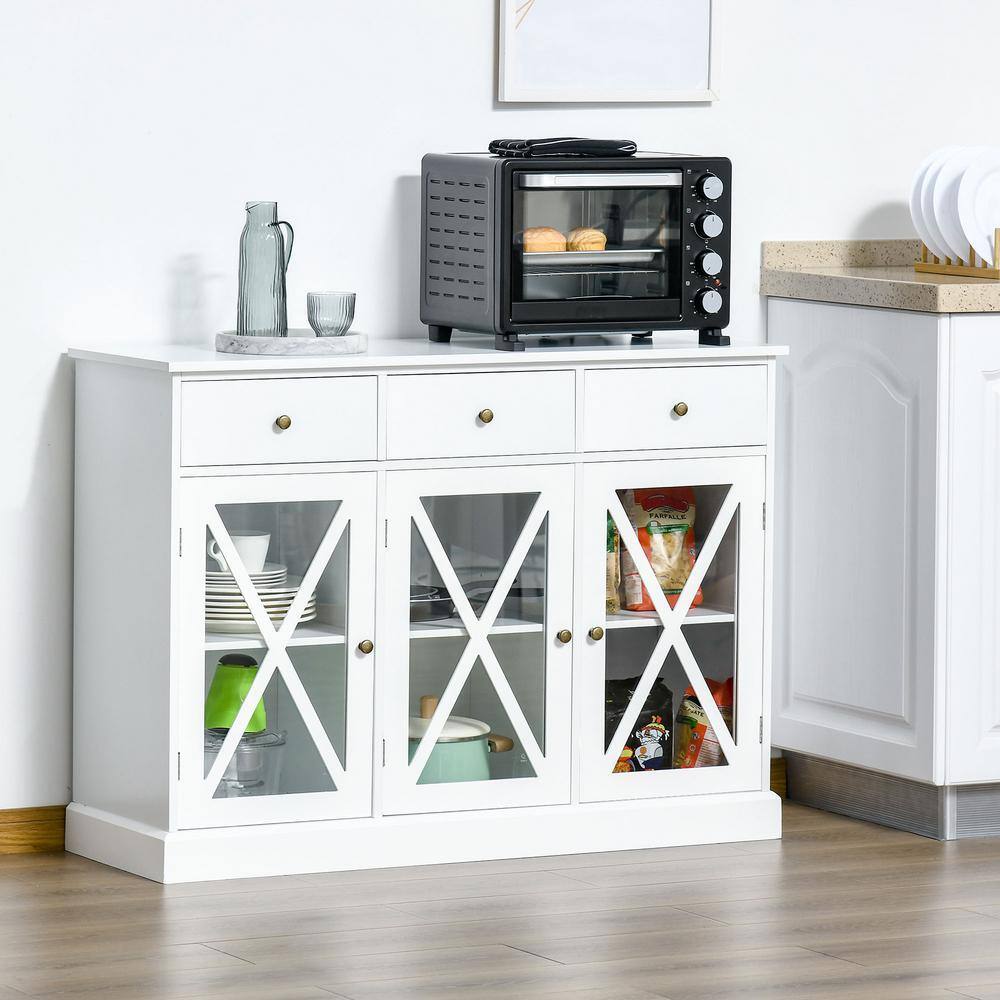 White Farmhouse Style Sideboard Buffet Cabinet with Glass Doors and Drawers