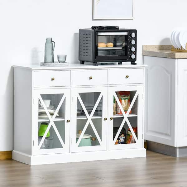 Kitchen Storage Cabinet Sideboard Buffet Cupboard Wood Glass Door Pantry White