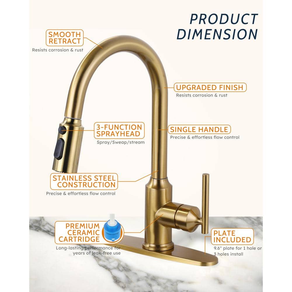 Brushed Gold Stainless Steel Pull-Out Spray Kitchen Faucet