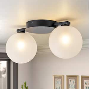 Chris 13 in. Wide 2-Light Black Mid-Century Modern Elegance Glass Flush Mount Light