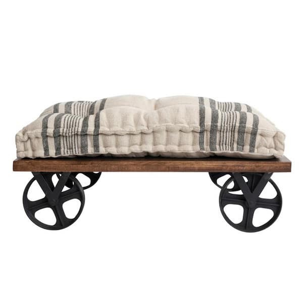 Storied Home Black and Natural Tufted Cushion and Antique Casters Rectangle Metal Ottoman