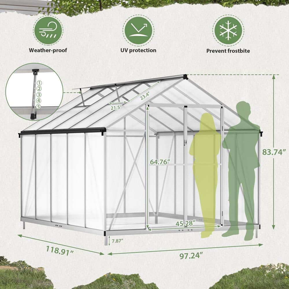 8' x 10' Transparent Aluminum Walk-In Greenhouse with Adjustable Windows