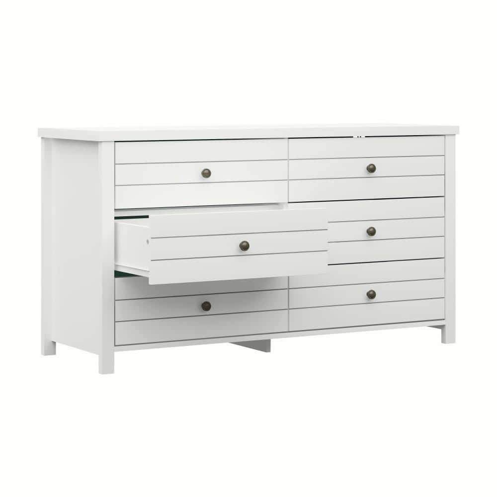 Harmony Coastal 6-Drawer Matte White Dresser with Metal Pulls