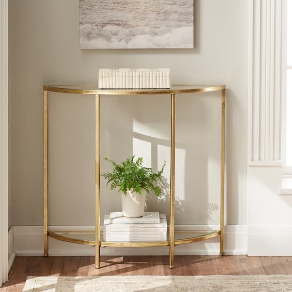 Home Decorators Collection Bella Gold Metal and Glass Half-Moon Console Table with Storage (30 in. H x 32 in. L)