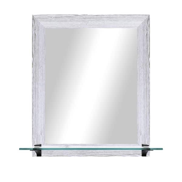 Unbranded 21.5 in. W x 25.5 in. H Rectangle Distressed White Vertical Framed Mirror With Tempered Glass Shelf/Black Bracket