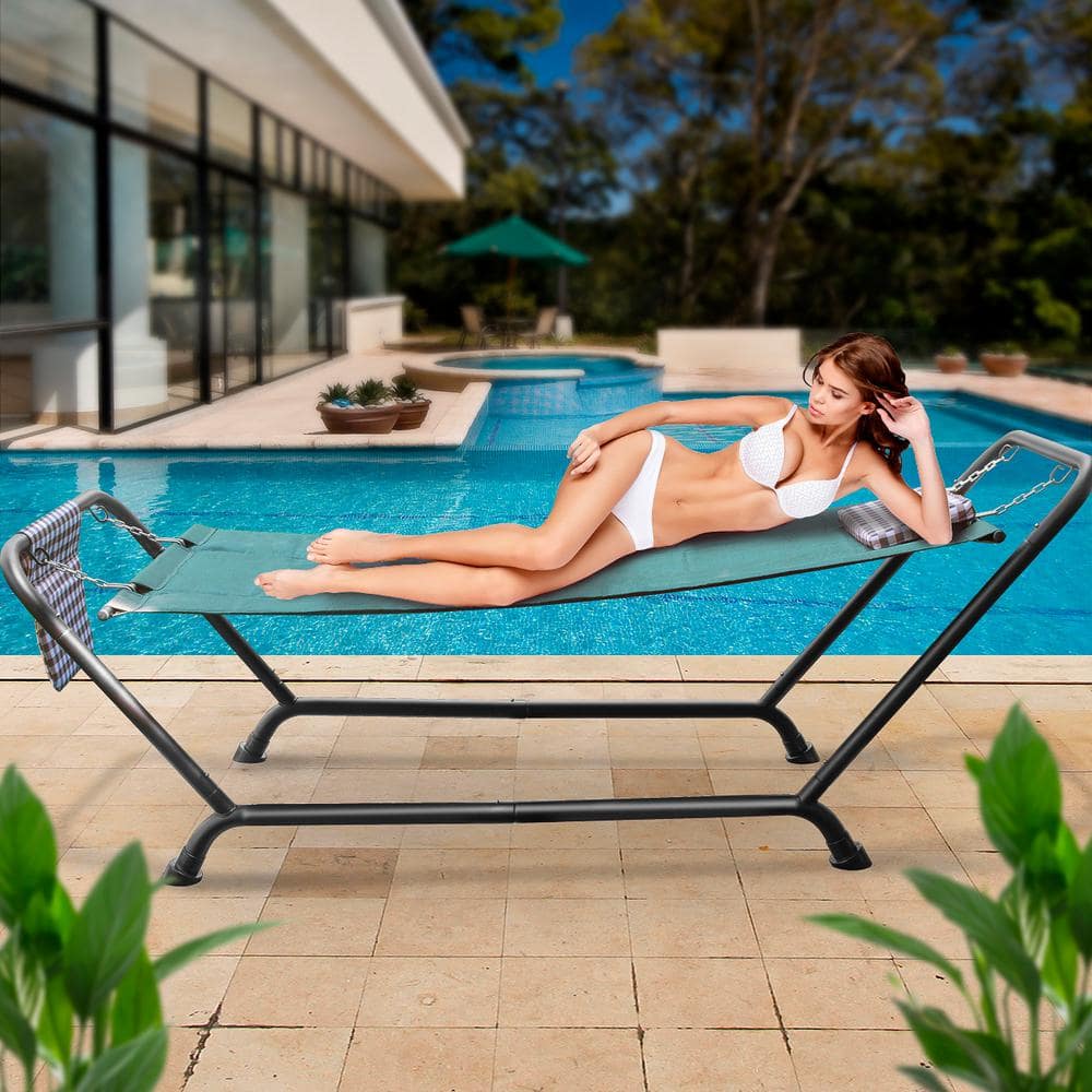 Teal Polyester Hammock Bed with Stand, Pillow, and Storage Pockets