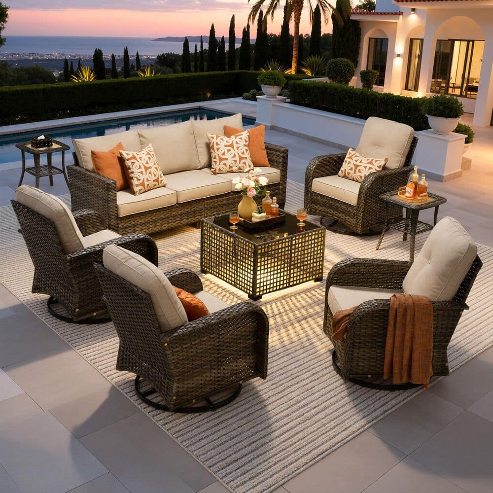 Positano Gray 8-Piece Wicker Patio Conversation Set with Beige Cushions and Solar LED Coffee Table price history on PriceWatchPro