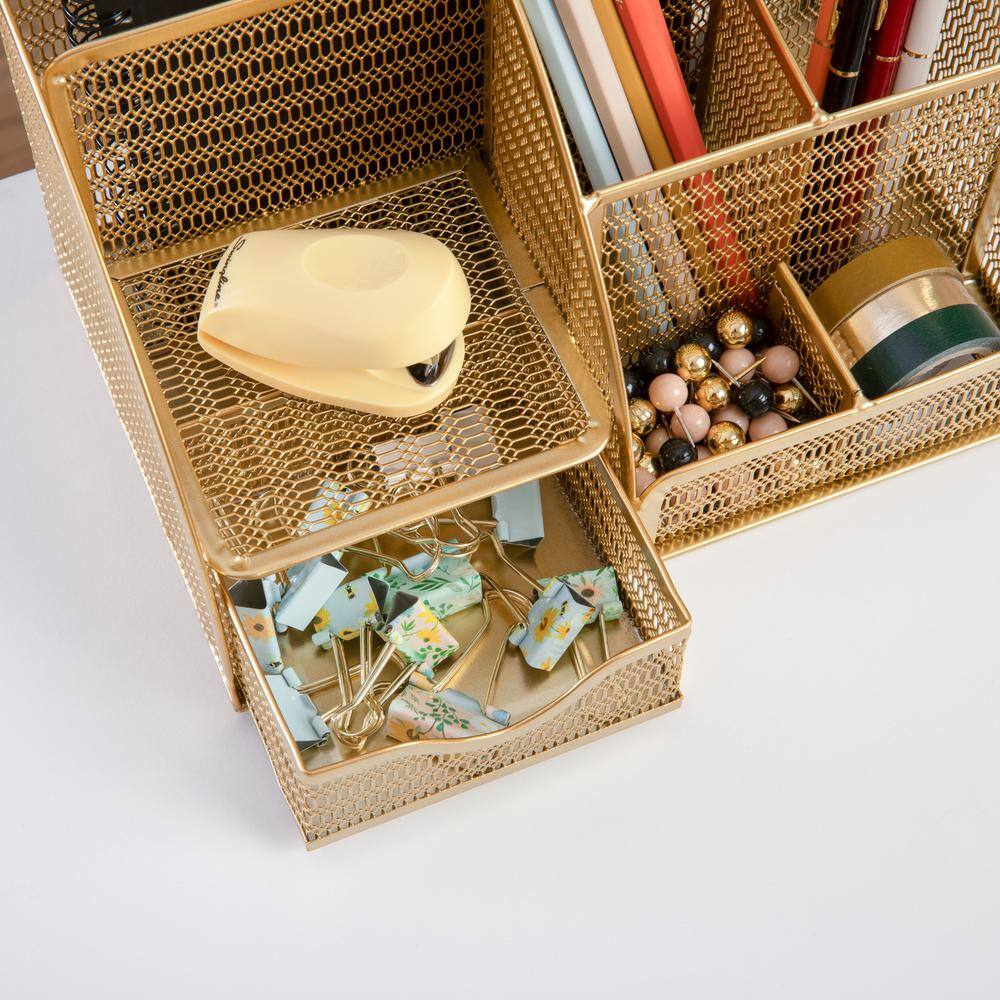Gold Mesh Metal Small Desktop Organizer with Drawer