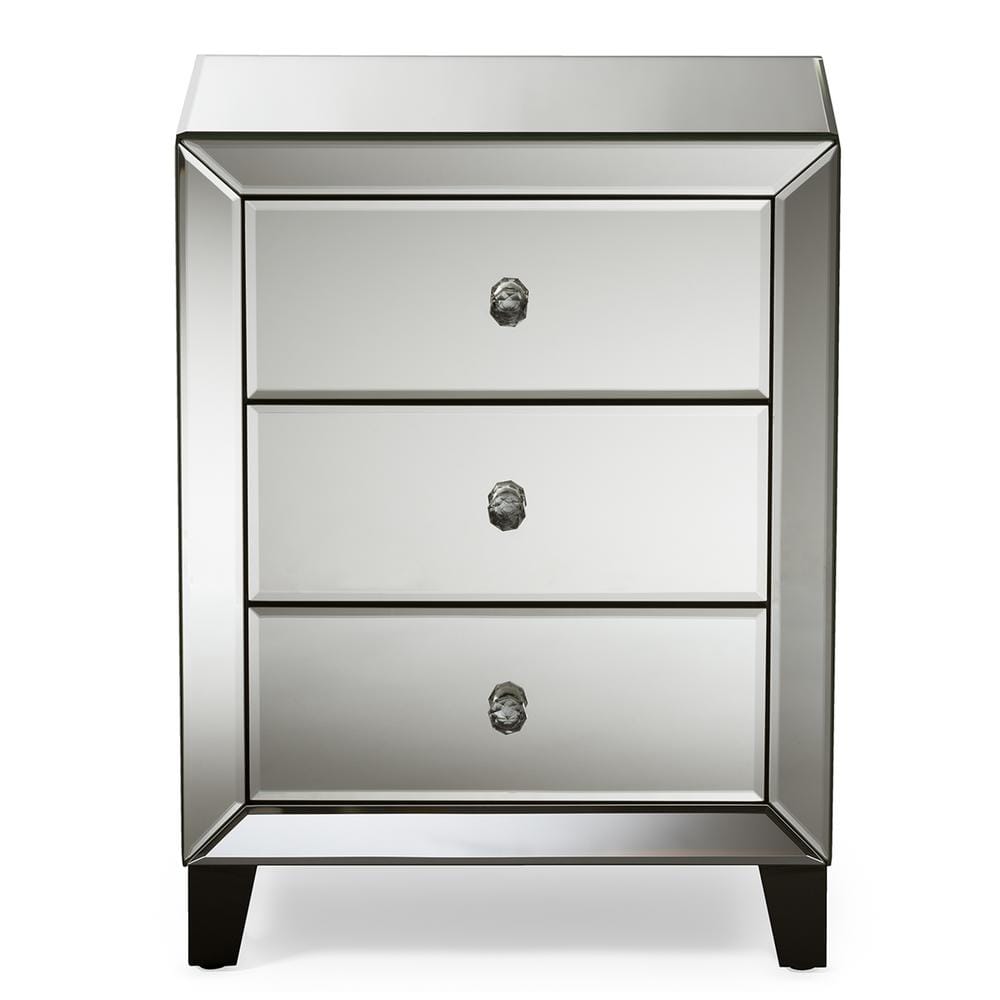 Baxton Studio Chevron 3 Drawer Silver Mirrored Nightstand 28862