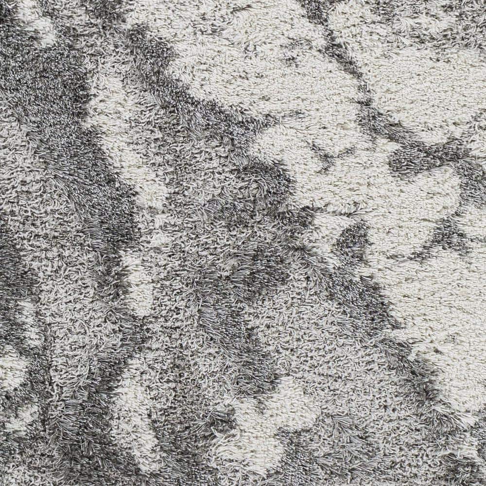 Gray and Off-White Abstract Shag Area Rug, 6'7" x 9'
