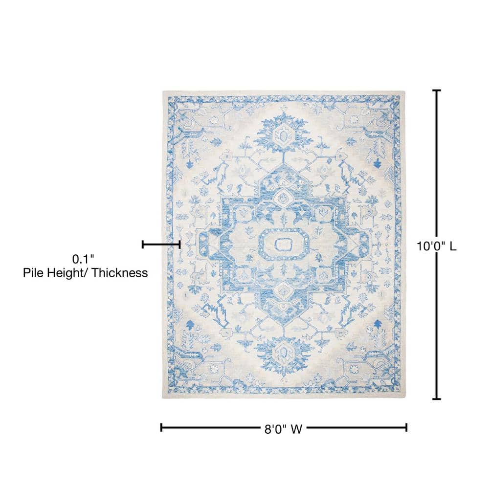 Handmade Ivory and Blue Wool Square Area Rug, 8' x 10'