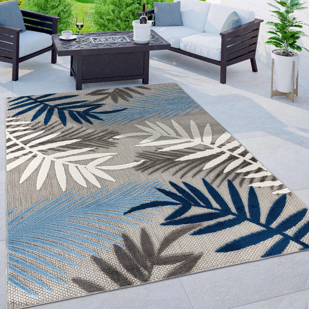 Evora Blue and Gray Palm Frond Indoor/Outdoor Area Rug