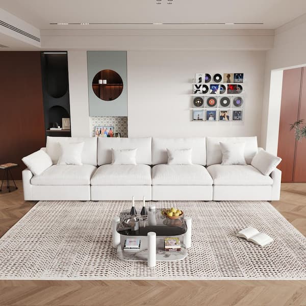 Magic Home 156 in. Square Arm Plush Linen 4-Piece Comfy Couch Deep Seat Cloud Modular Sectional Sofa with Washable Covers in. White
