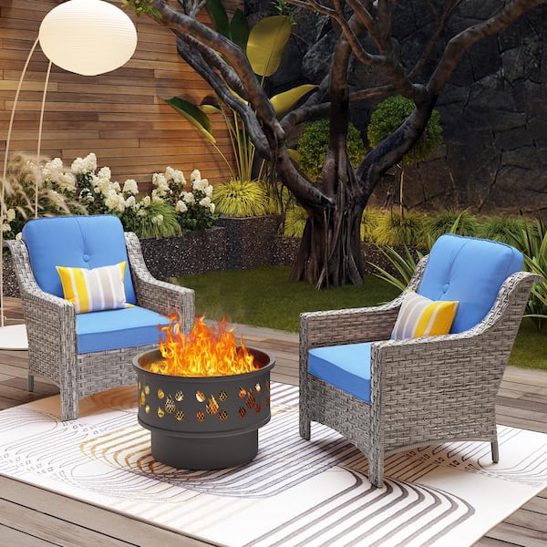 Toject Eureka Gray 3-Piece Wicker Outdoor Patio Conversation Chair Set with a Wood-Burning Fire Pit and Blue Cushions