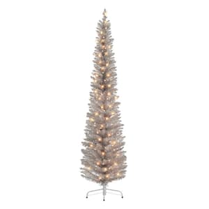 6 ft. Pre-Lit Rose Gold Tinsel Pencil Artificial Christmas Tree, 250 Tips, 100 UL Clear Incandescent Lights