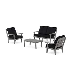 Mission 4-Pcs Plastic Patio Conversation Set with Loveseat in Slate Grey/Midnight Linen Cushions