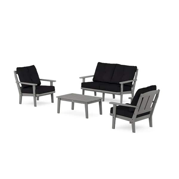 POLYWOOD Mission 4-Pcs Plastic Patio Conversation Set with Loveseat in Slate Grey/Midnight Linen Cushions