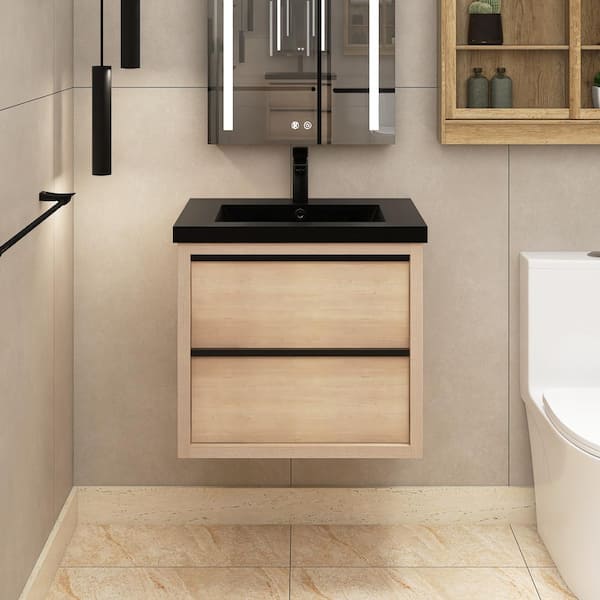 Staykiwi 24 in. W x 18.5 in. D x 22 in. H Floating Bath Vanity in Plain Light Oak with Black Ceramic Top