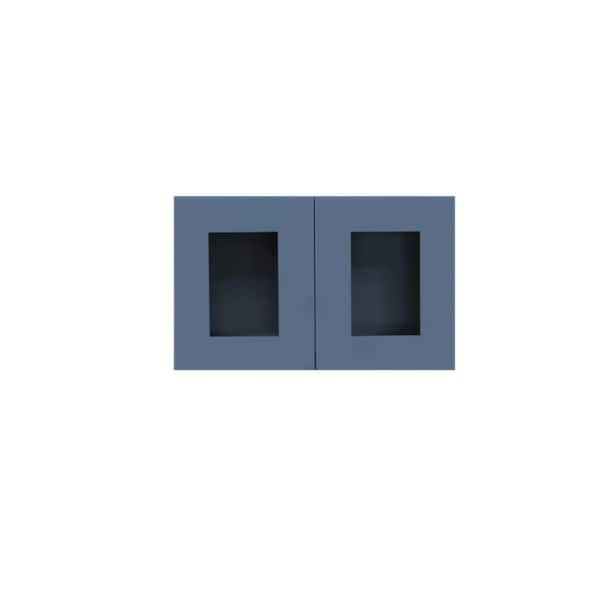 LIFEART CABINETRY Lancaster Blue Plywood Shaker Stock Assembled Wall Glass-Door Kitchen Cabinet 36 in. W x 12 in. D x 18 in. H