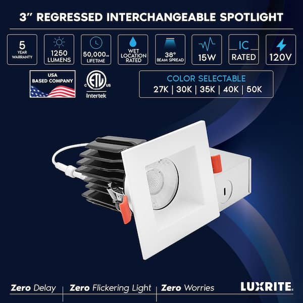 3 in. Integrated LED Regressed Canless Spotlight + Square White Trim, 5CCT, 15W, 1250LM, CRI90, Dimmable, 38° Beam, ETL