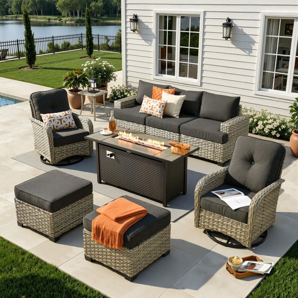 Kelleys 9-Piece Wicker Modern Outdoor Patio Fire Pit Conversation Sofa Set with Swivel Chairs and Black Cushions