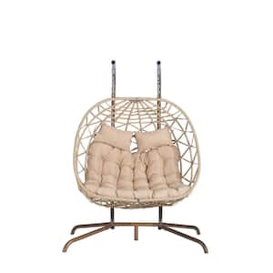 2-Person Light Yellow Wicker Outdoor Patio Swing Hanging Egg Chair with Khaki Cushions