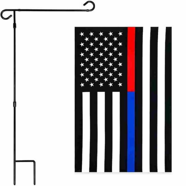 1 ft. x 1.5 ft. Printed Polyester Thin Blue and Red Line Garden Flag with 3 ft. x 1.3 ft. Black Garden Flag Stand