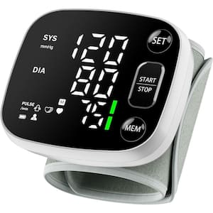 Rechargeable Blood Pressure Cuff Wrist Digital BP Monitor with LED Backlit Display, Carrying Case in White/Black