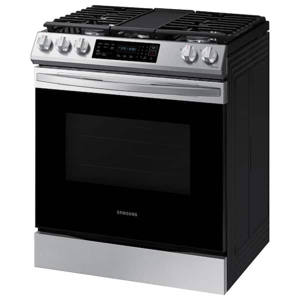 Samsung 30 in. 6.3 cu. ft. Smart Air Fry Convection Double Oven Slide-In  Dual Fuel Range with 5 Sealed Burners & Griddle - Black with Stainless Steel