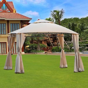 14.2 ft. x 12.7 ft. Beige Outdoor Grill Gazebo with Vented Soft Top Canopy and Mosquito Netting