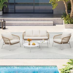 White 5-Piece Metal Outdoor Sectional Set and Slab Table with Beige Cushions