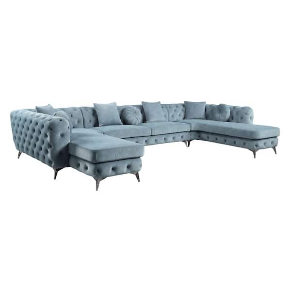 Acme Furniture Atronia 164 in. Green Fabric Upholstered 6-Seater U-shaped Sectional with 7 Pillows