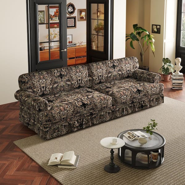 Roswell Mid Century 93.7 in. Rolled Arm Oxford Fabric Rectangle Sofa in Black Floral