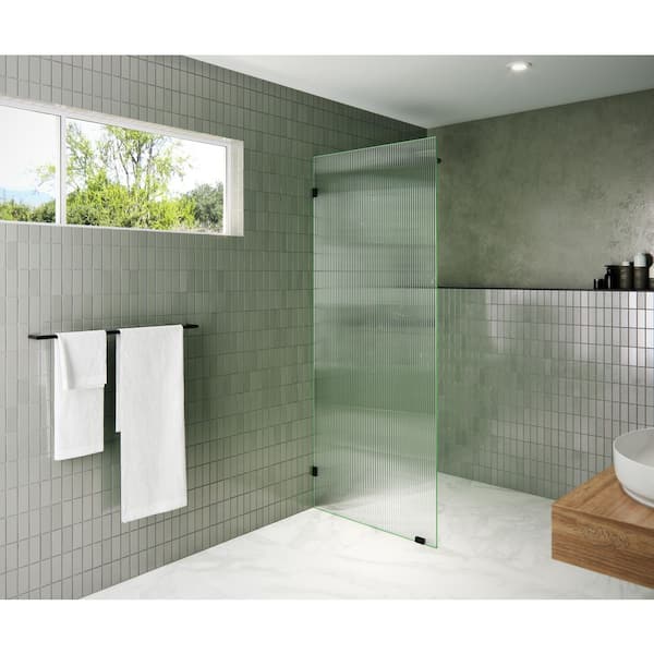 Glass Warehouse 32 in. W x 78 in. H Fixed Single Panel Frameless Shower Door in Matte Black in Fluted Frosted Glass