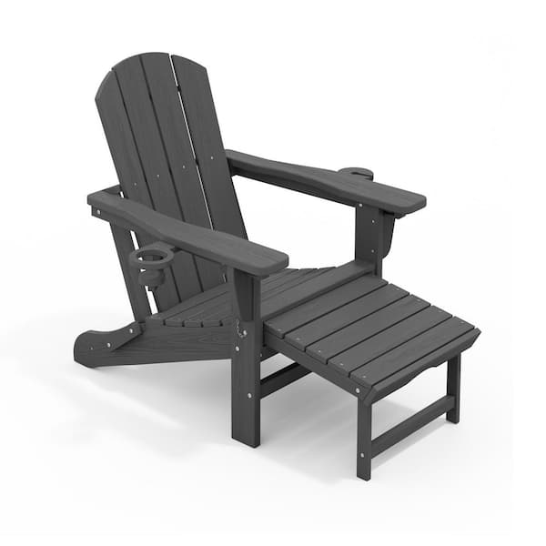 Jearey 3-Level Adjustable Patio Folding Plastic Adirondack Chair with Retractable Ottoman, Cup and Phone Holders in Gray