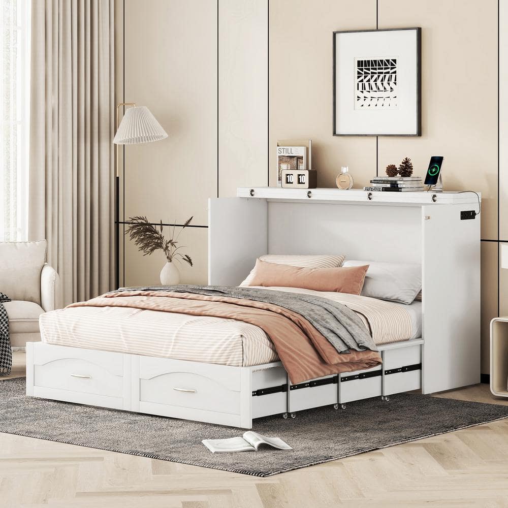 Harper & Bright Designs White Wood Frame Queen Size Murphy Bed with ...