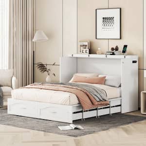 White Wood Frame Queen Size Murphy Bed with Built-in Charging Station, Pulleys and Sliding Rails Design, 2-Drawer