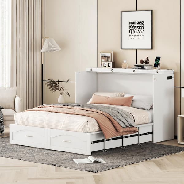 Harper & Bright Designs White Wood Frame Queen Size Murphy Bed with Built-in Charging Station, Pulleys and Sliding Rails Design, 2-Drawer