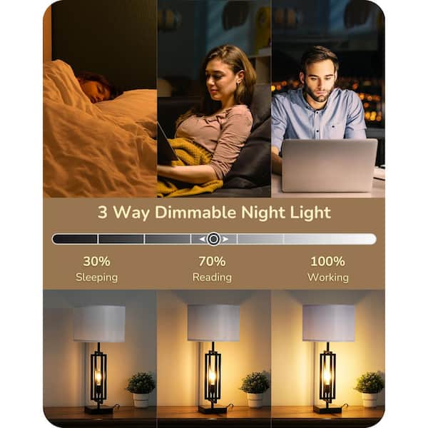25.6 in. Black Table Lamp with USB Port and Nightlight, LED Bulbs Included (2-Pack)